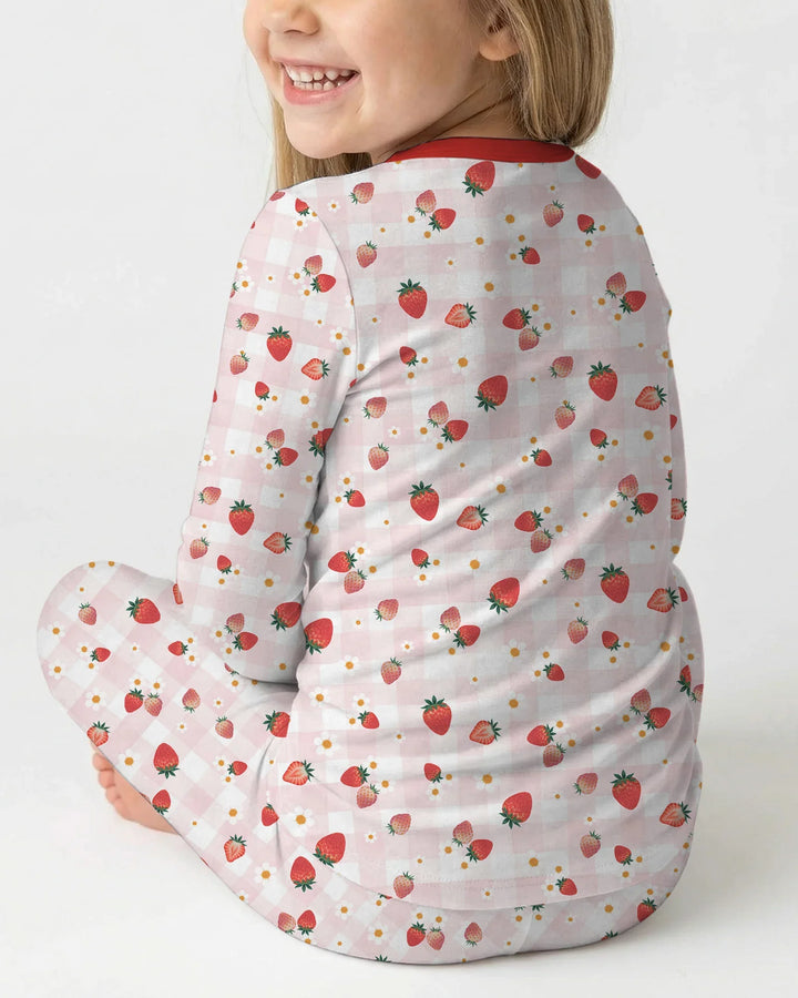 Embroidered Custom Text Strawberry Bamboo Two Piece Long Sleeve Pajama Set