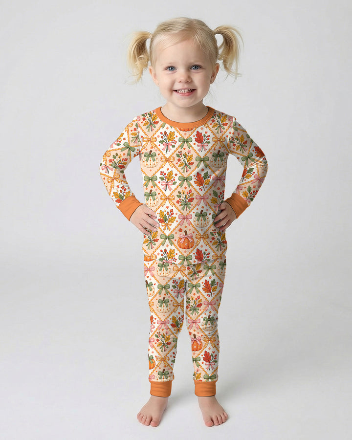 Retro Fall Pumpkin Bow Bamboo Two Piece Long Sleeve Pajama Set