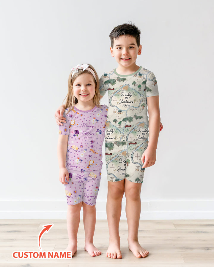 Mommy Daddy And Me Bedtime Story Family Matching Bamboo Two Piece Short Sleeve Shorts Pajama Set