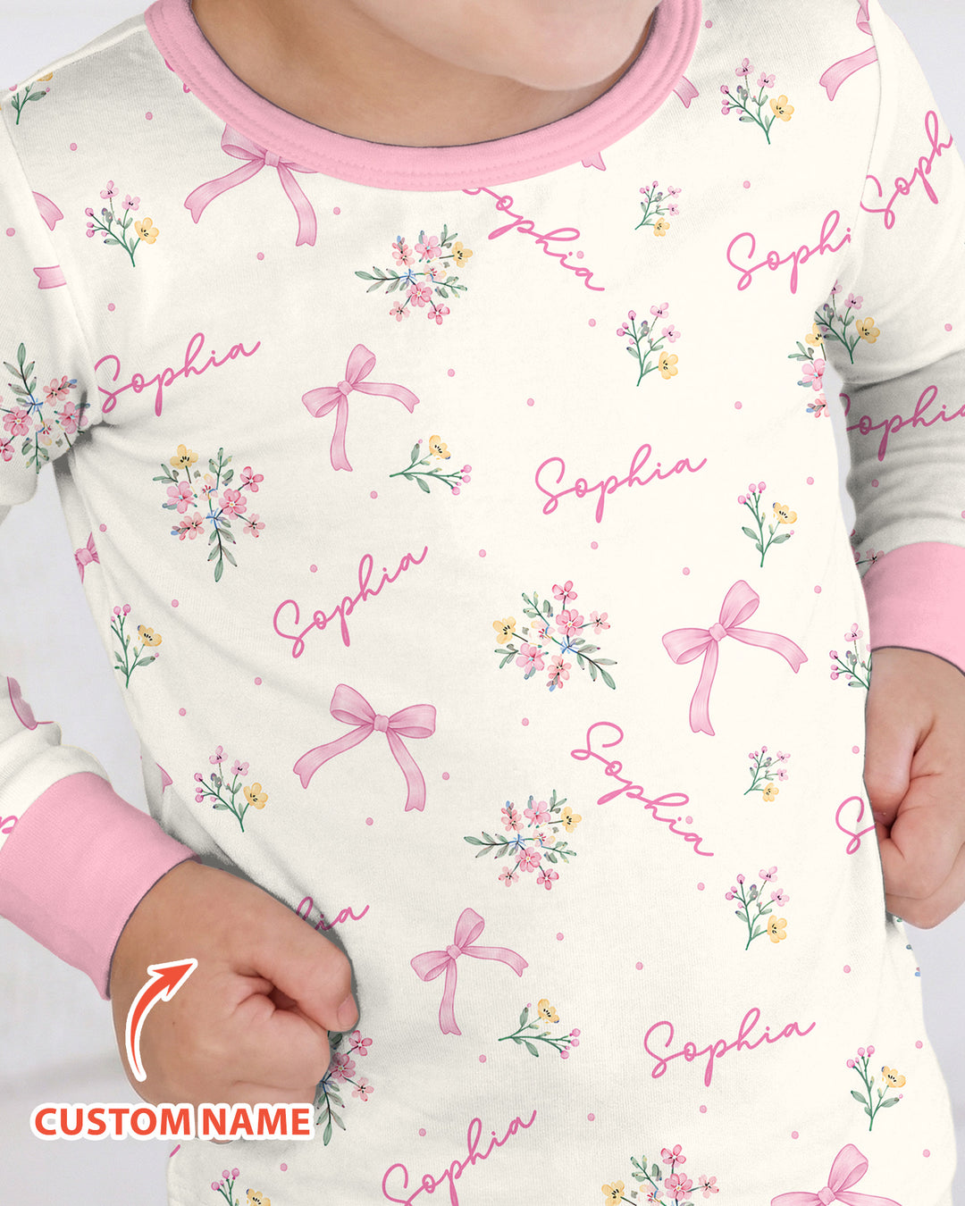 Pastel Ditsy Floral Bow Bamboo Two Piece Long Sleeve Pajama Set