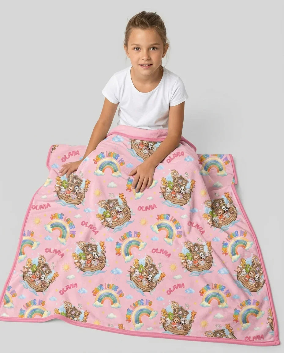 Custom Name Jesus Loves Me Noah's Ark Bamboo Blanket