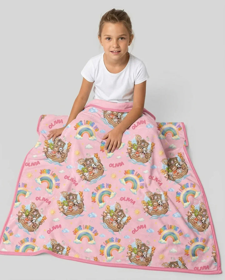 Custom Name Jesus Loves Me Noah's Ark Bamboo Blanket