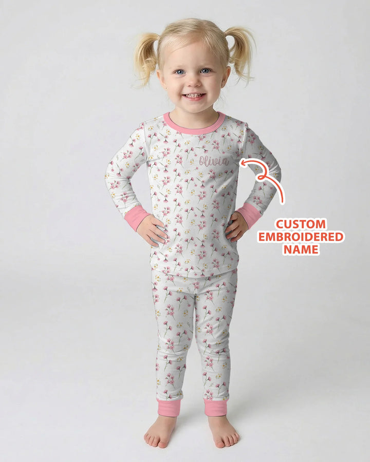Custom Embroidered Name Floral Whispers Bamboo Two Piece Long Sleeve Pajama Set