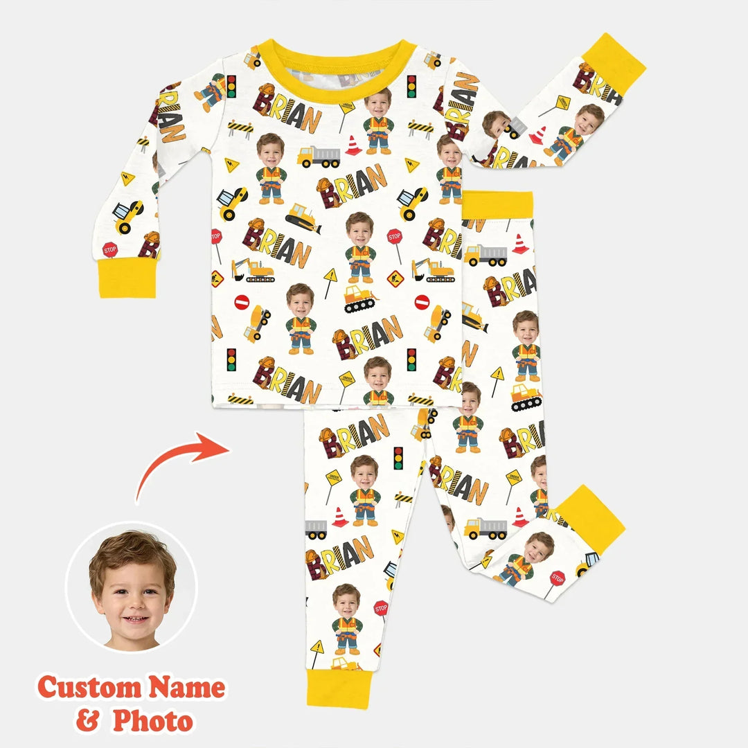 Custom Photo Doodle Little Builder Bamboo Two Piece Long Sleeve Pajama Set