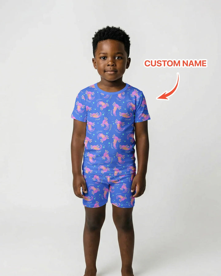 Axolotl Glow Custom Name Bamboo Two Piece Short Sleeve Shorts Pajama Set