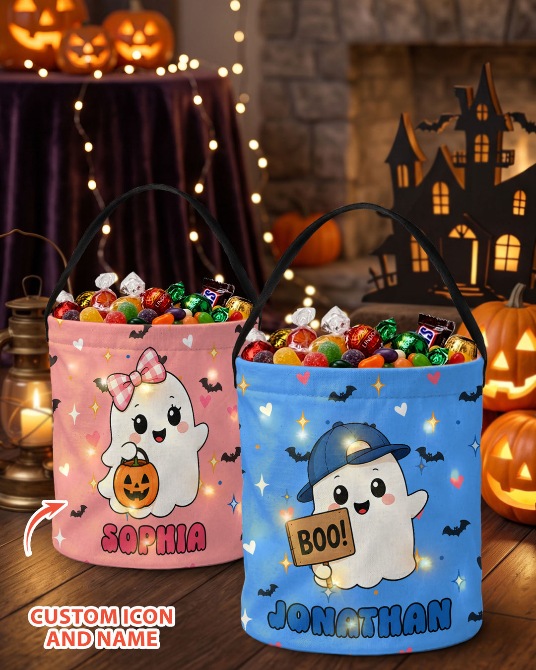 Cute Halloween Ghost Custom Name Led Light Bucket Bag