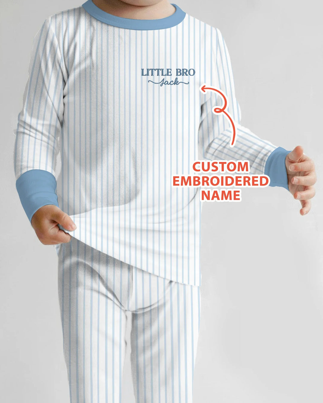 Custom Embroidered Name Little Bro Bamboo Two Piece Long Sleeve Pajama Set