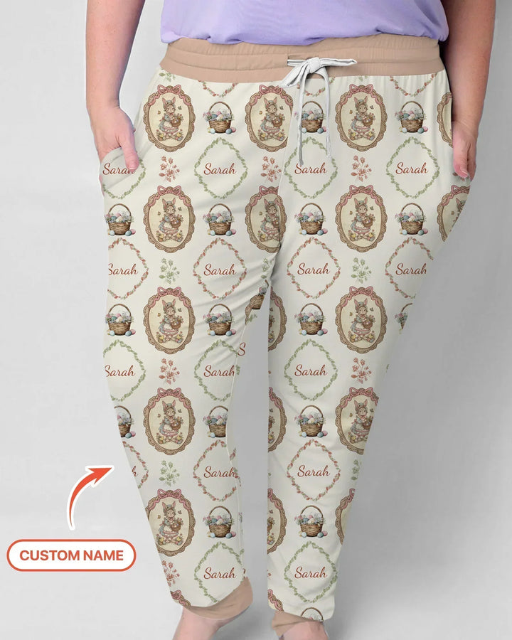 Vintage Hase Ostern Benutzerdefinierter Name Mommy & Me Passender Bambus Damen Schlafanzug Set
