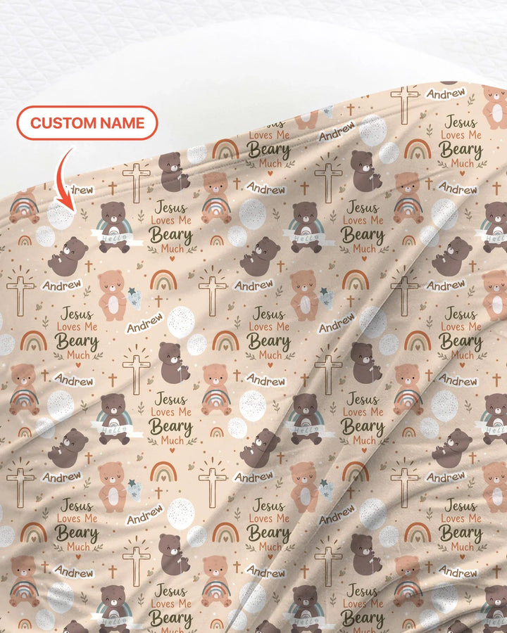 Custom Name Jesus Loves Me Beary Much Swaddle Blanket