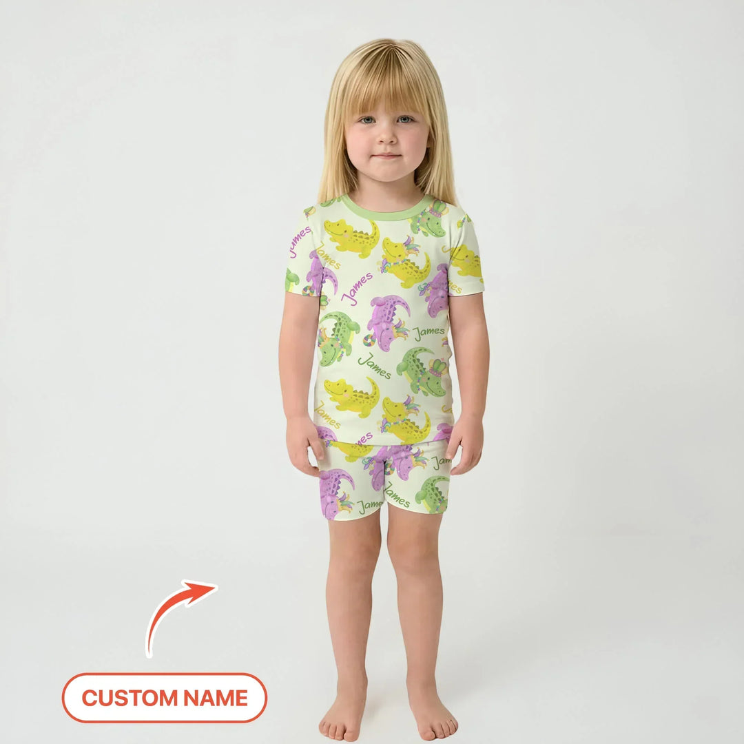 Custom Name Mardi Gras Alligator Bamboo Two Piece Short Sleeve Shorts Pajama Set