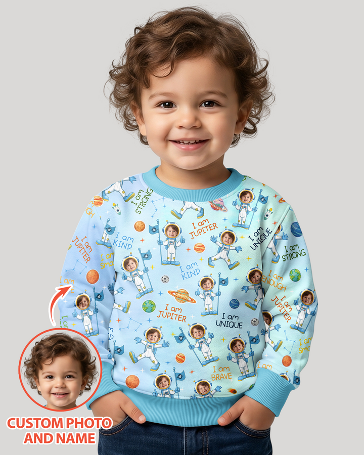 Custom Photo Kid Affirmations I Am Kind Astronaut Bamboo Crewneck Sweatshirt