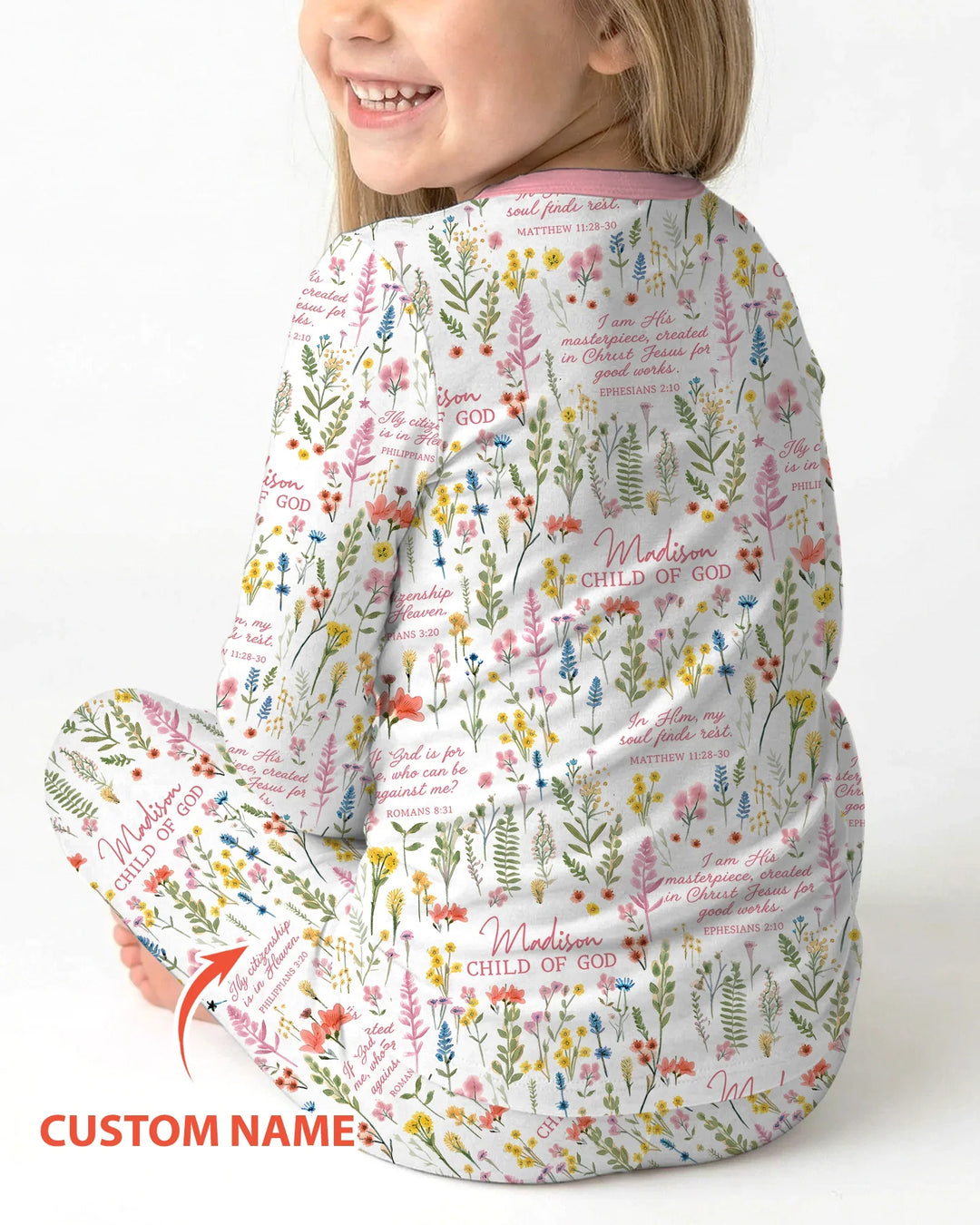 Custom Name Child of God Flower Garden Bamboo Two Piece Long Sleeve Pajama Set