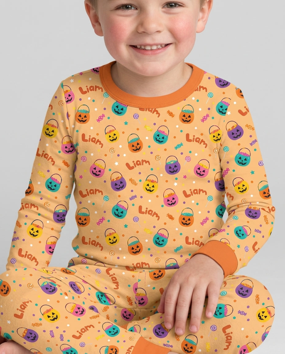 Custom Colorful Trick Or Treat Halloween Candy Bag Bamboo Two Piece Long Sleeve Pajama Set