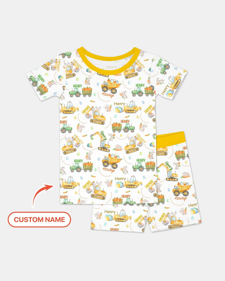 Easter Construction Vehicles Custom Name Bamboo Two Piece Short Sleeve Shorts Pajama Set