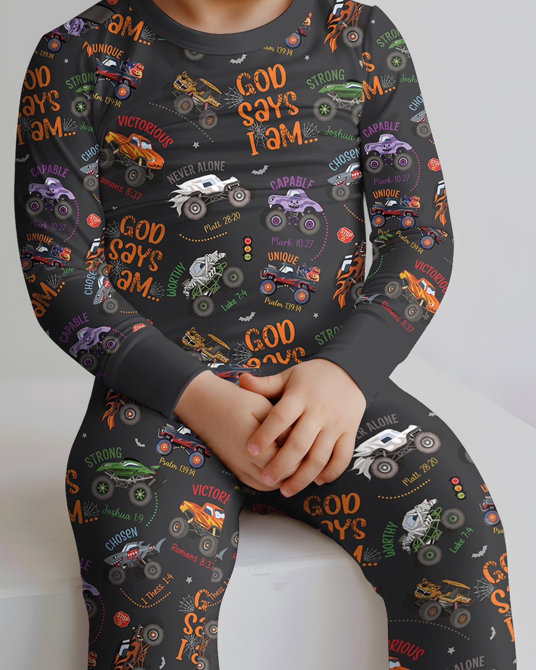 God Says I Am BOY Halloween Monster Truck  Bamboo Two Piece Long Sleeve Pajama Set