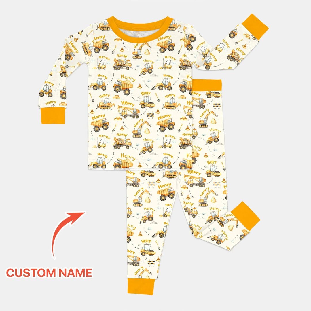 Constructions Machines Custom Name Bamboo Two Piece Long Sleeve Pajama Set