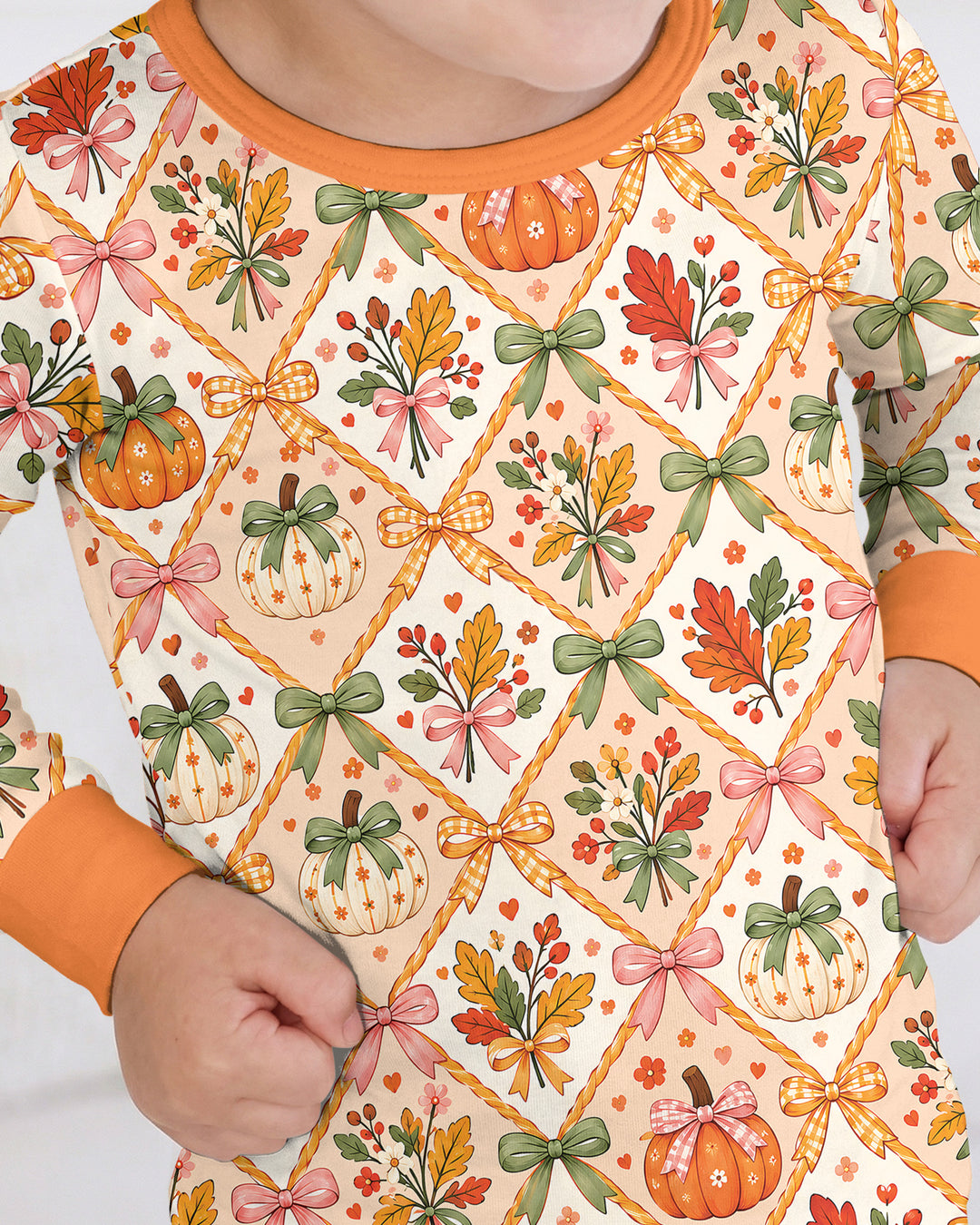 Retro Fall Pumpkin Bow Bamboo Two Piece Long Sleeve Pajama Set