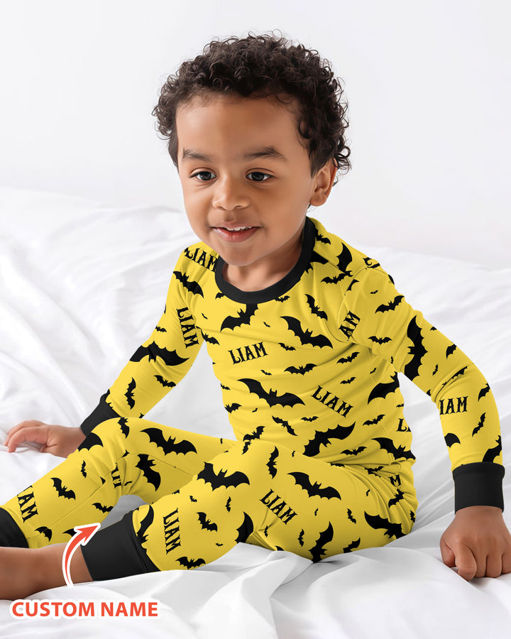 Black Bat Halloween Custom Name Bamboo Two Piece Long Sleeve Pajama Set