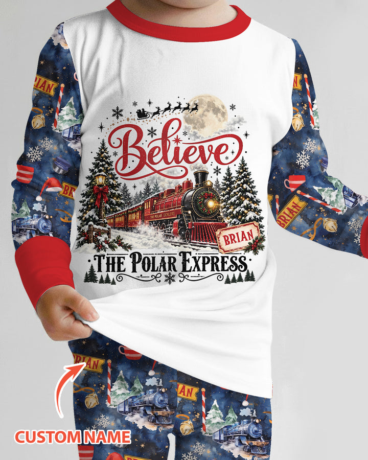Believe North Pole Train Custom Name  Bamboo Two Piece Long Sleeve Pajama Set