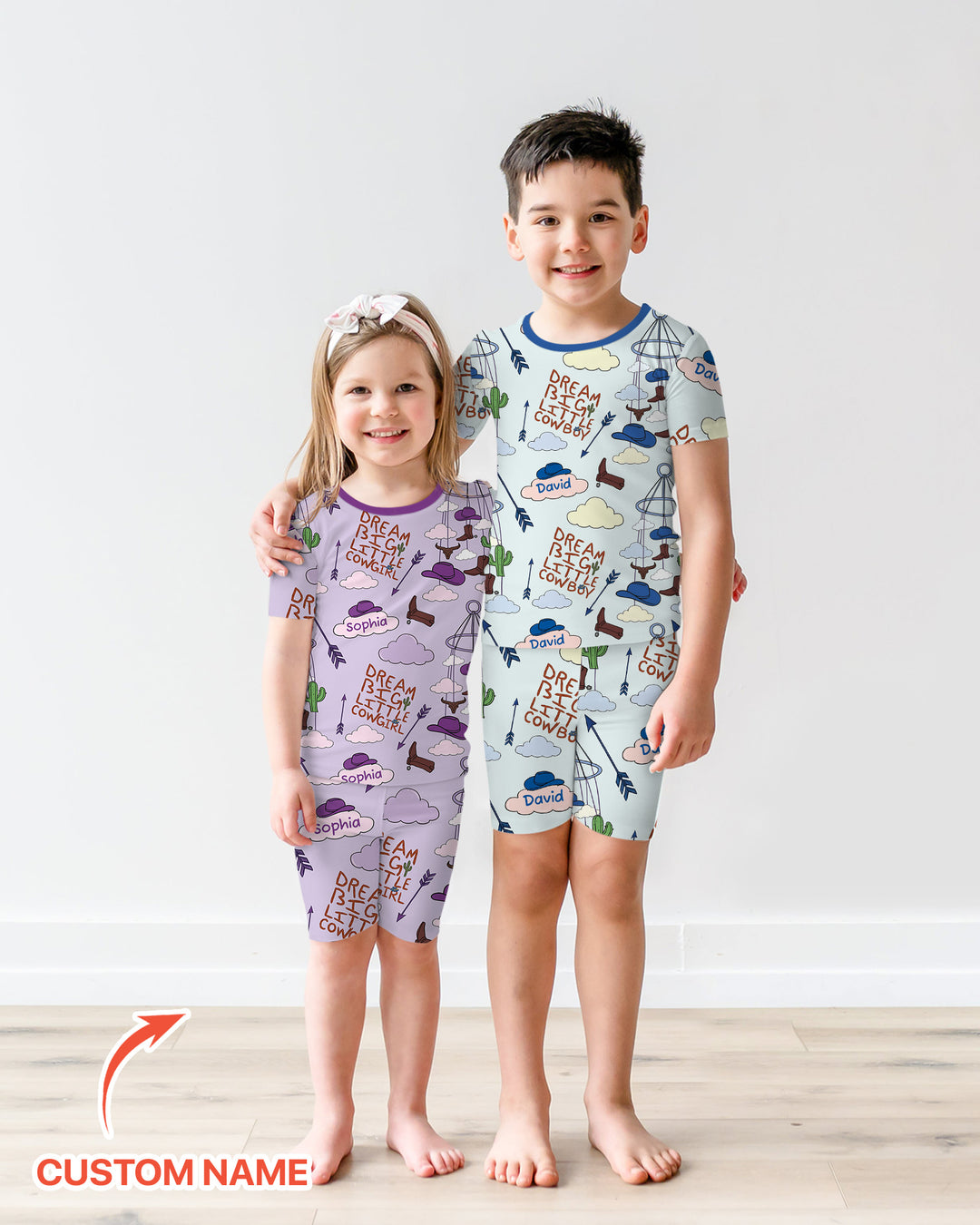 Litlle Cowboy Sis Bro Matching  Bamboo Two Piece Short Sleeve Shorts Pajama Set