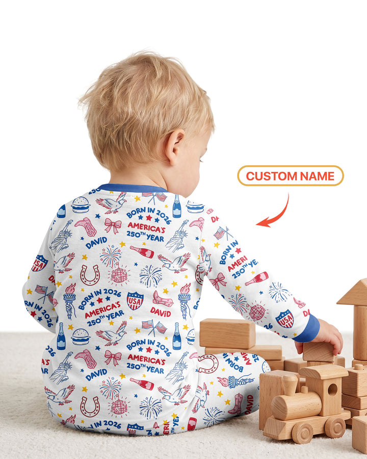 Born in 2026 America’s 250th Year Custom Name Bamboo Two Piece Long Sleeve Pajama Set