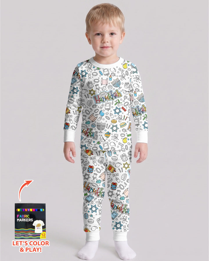Happy Hanukkah Colorable Bamboo Two Piece Long Sleeve Pajama Set