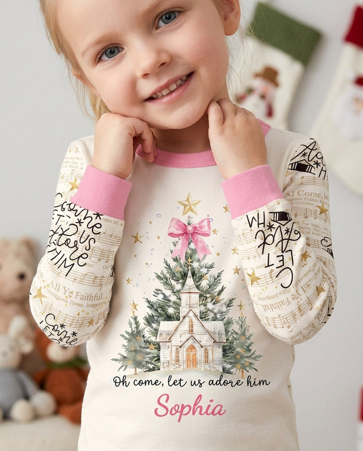 Oh Come Let Us Adore Him Custom Name Mommy And Me Matching Bamboo Two Piece Long Sleeve Pajama Set