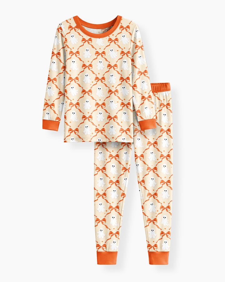 Cute Ghost Boo Coquette Halloween Bamboo Two Piece Long Sleeve Pajama Set