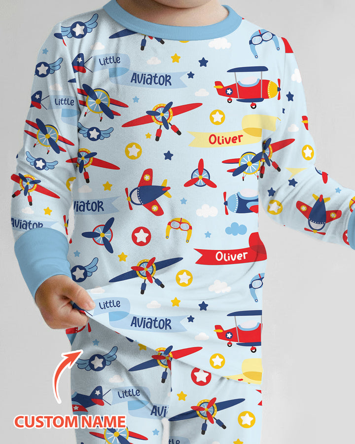 Our Little Aviator Custom Name Bamboo Two Piece Long Sleeve Pajama Set