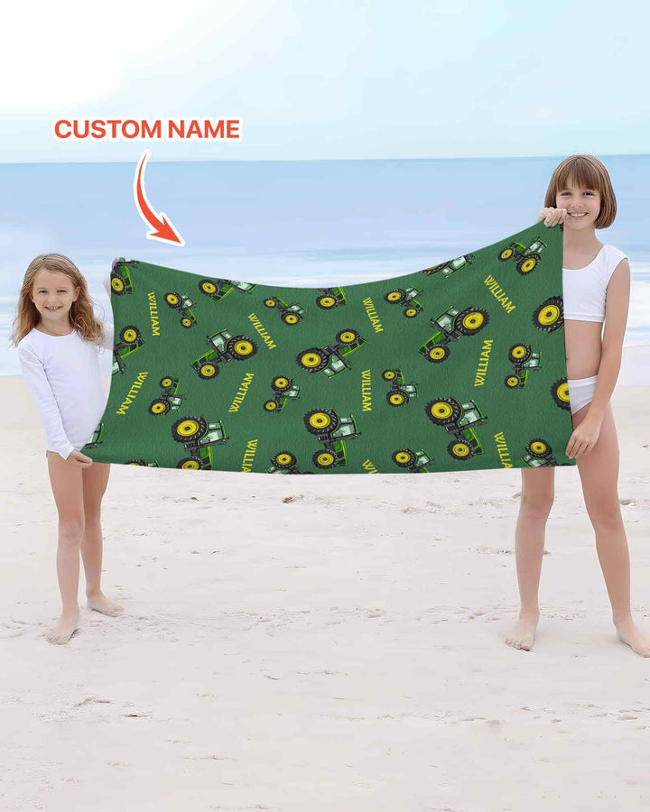 Custom Name Green Tractors Matching Daddy & Me  Beach Towel