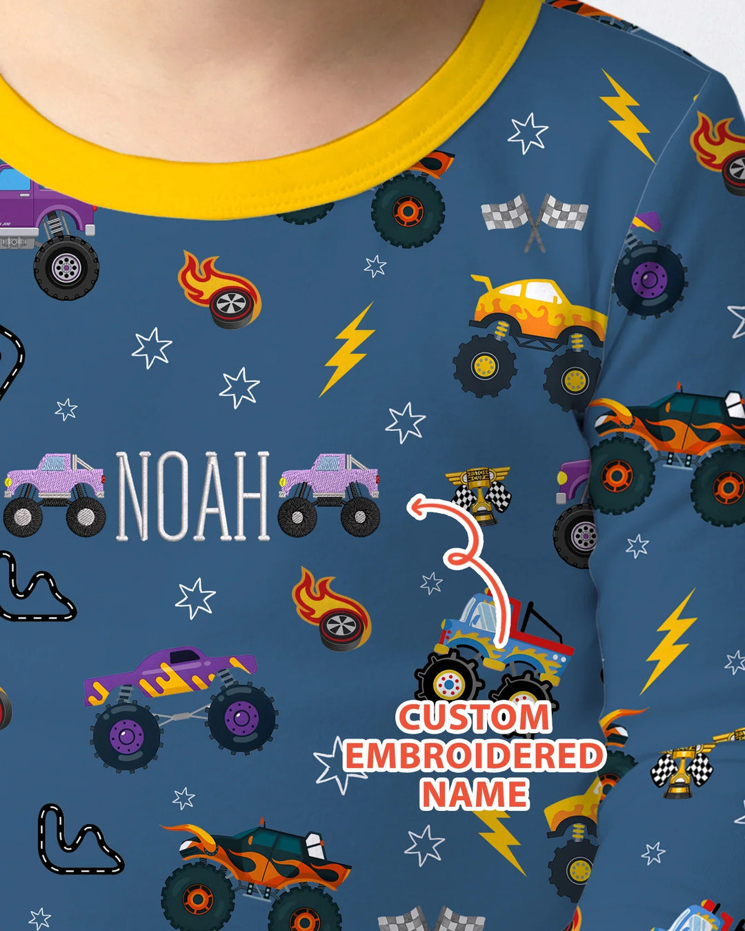 Custom Name Embroidered Crazy Truck Bamboo Two Piece Long Sleeve Pajama Set
