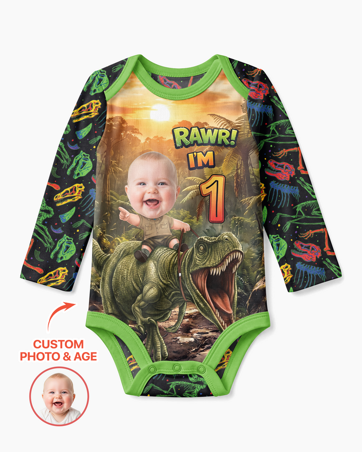 Custom Photo Dino Rawr Birthday Bamboo Bodysuit