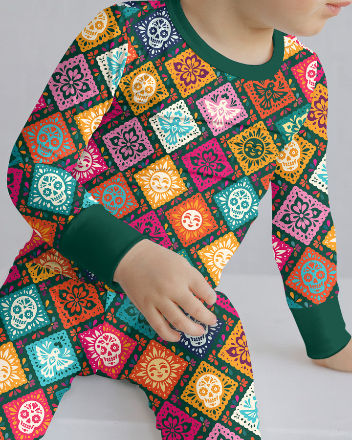 Day of the Dead Colorful Mexican Skull Bamboo Two Piece Long Sleeve Pajama Set