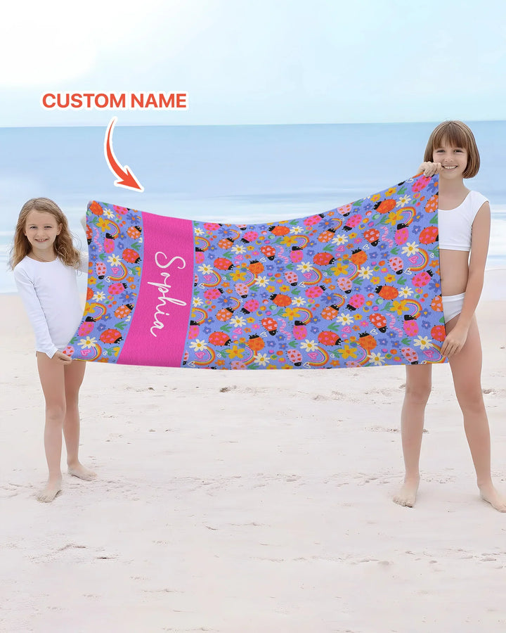 Custom Name Lady Bugs Beach Towel