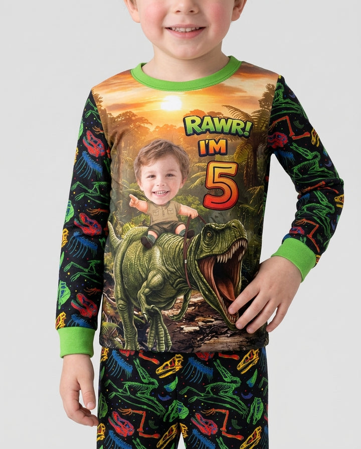 Custom Photo Dino Rawr Birthday Bamboo Two Piece Long Sleeve Pajama Set