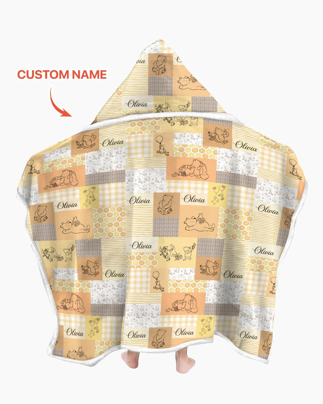 Personalized Classic Bear Patchwork  Bamboo Wearable Hooded Blanket