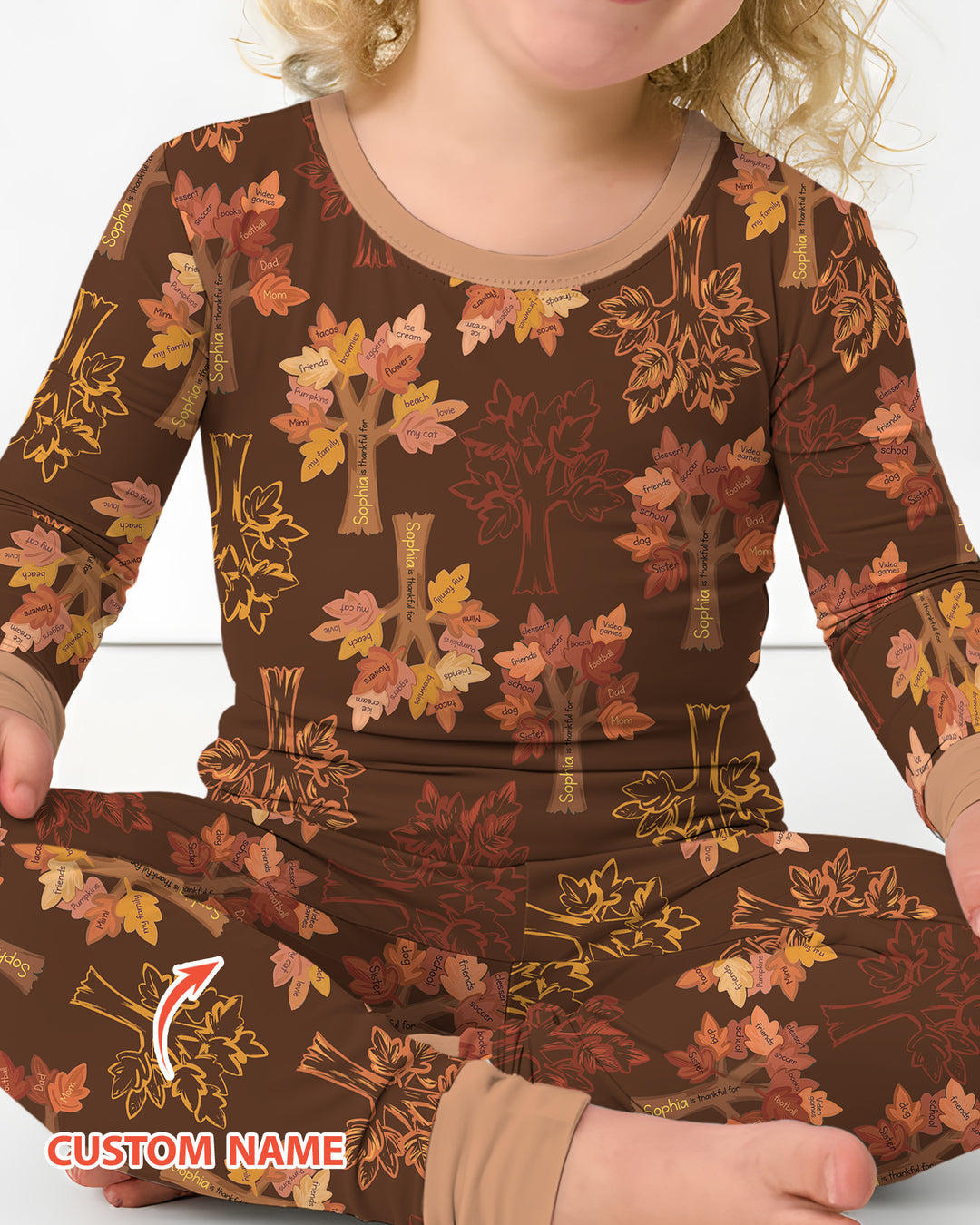 Custom Thanksgiving Tree Bamboo Two Piece Long Sleeve Pajama Set