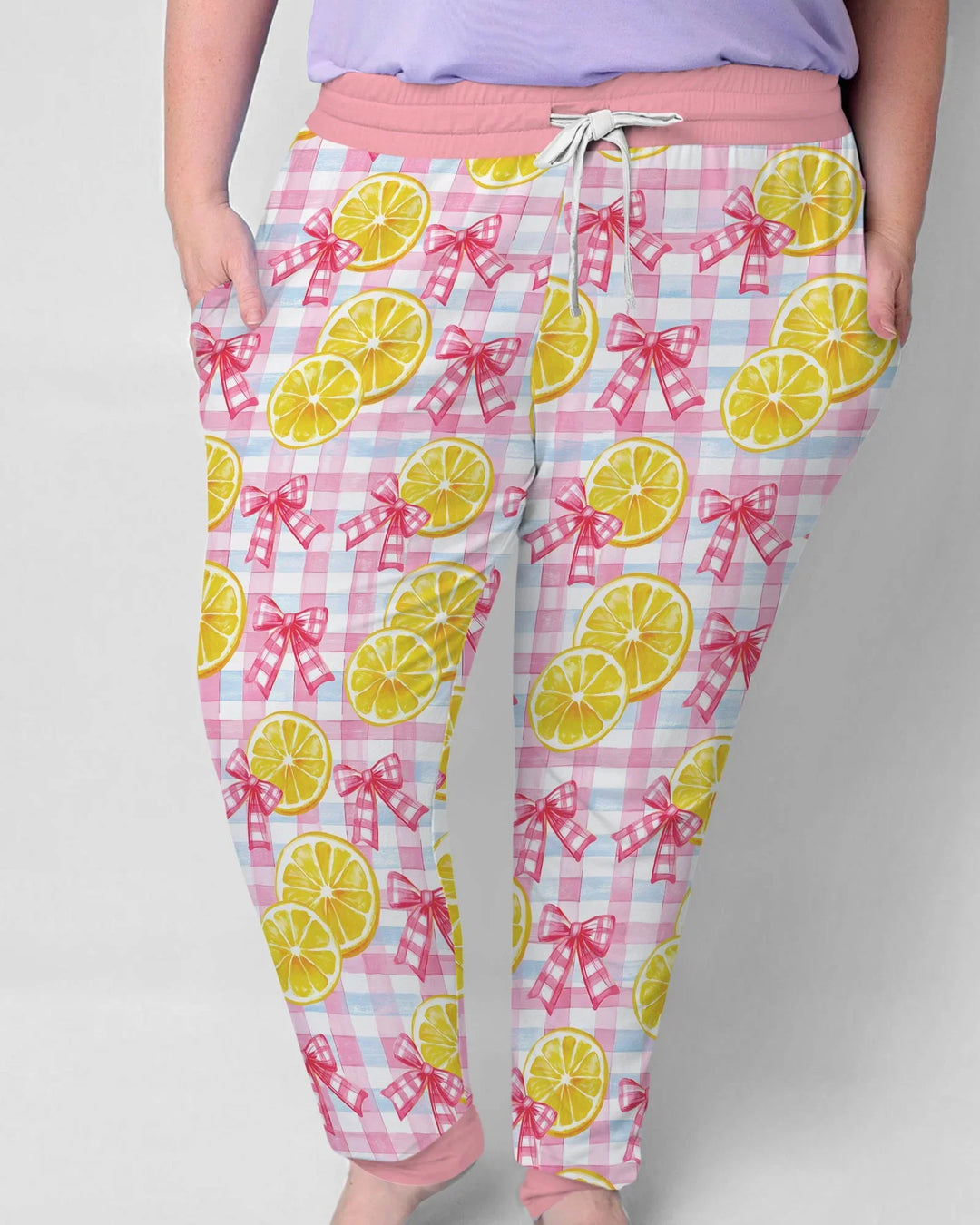 Pink Lemons Schleifen Kariertes Bambus Damen Schlafanzug Set