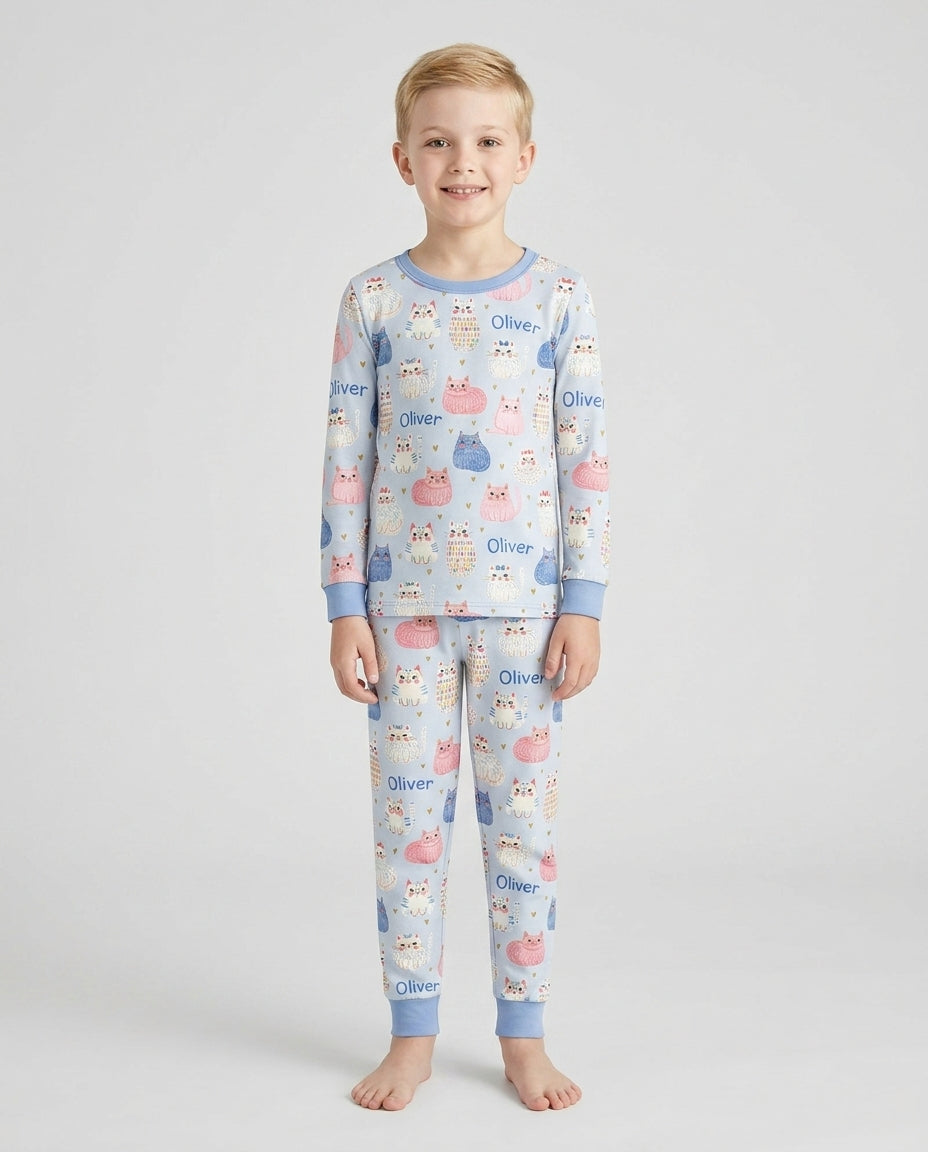 Custom Name Cute Pastel Cat Bamboo Two Piece Long Sleeve Pajama Set