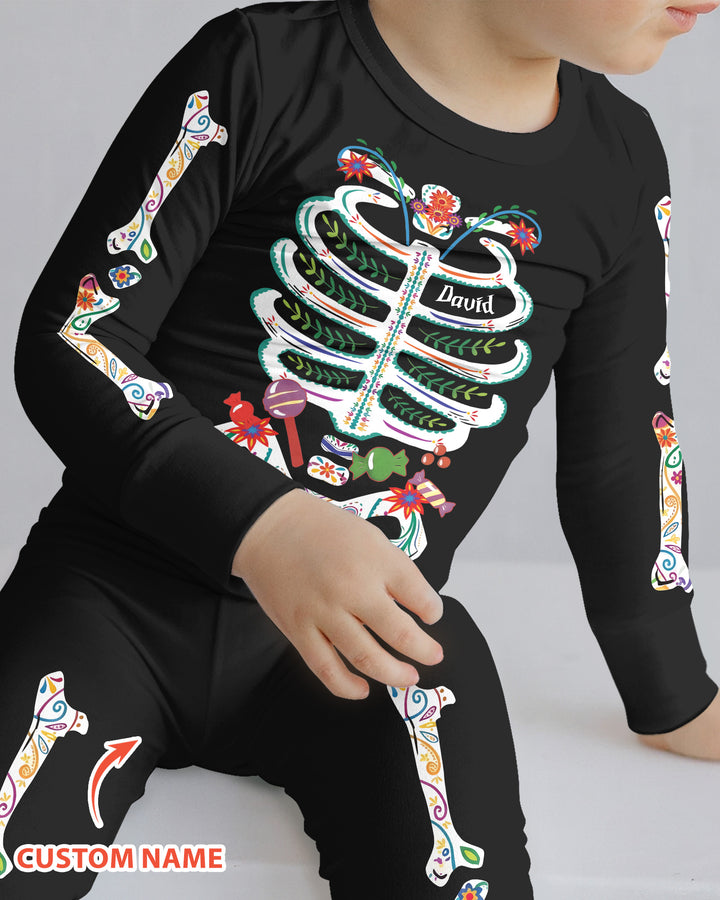 Custom Mexican Halloween Floral Skeleton Bamboo Two Piece Long Sleeve Pajama Set