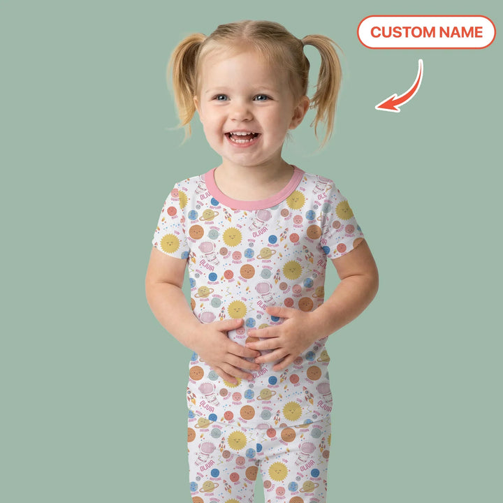 Custom Name Little's Kid into Universer Bamboo Two Piece Short Sleeve Pajama Set