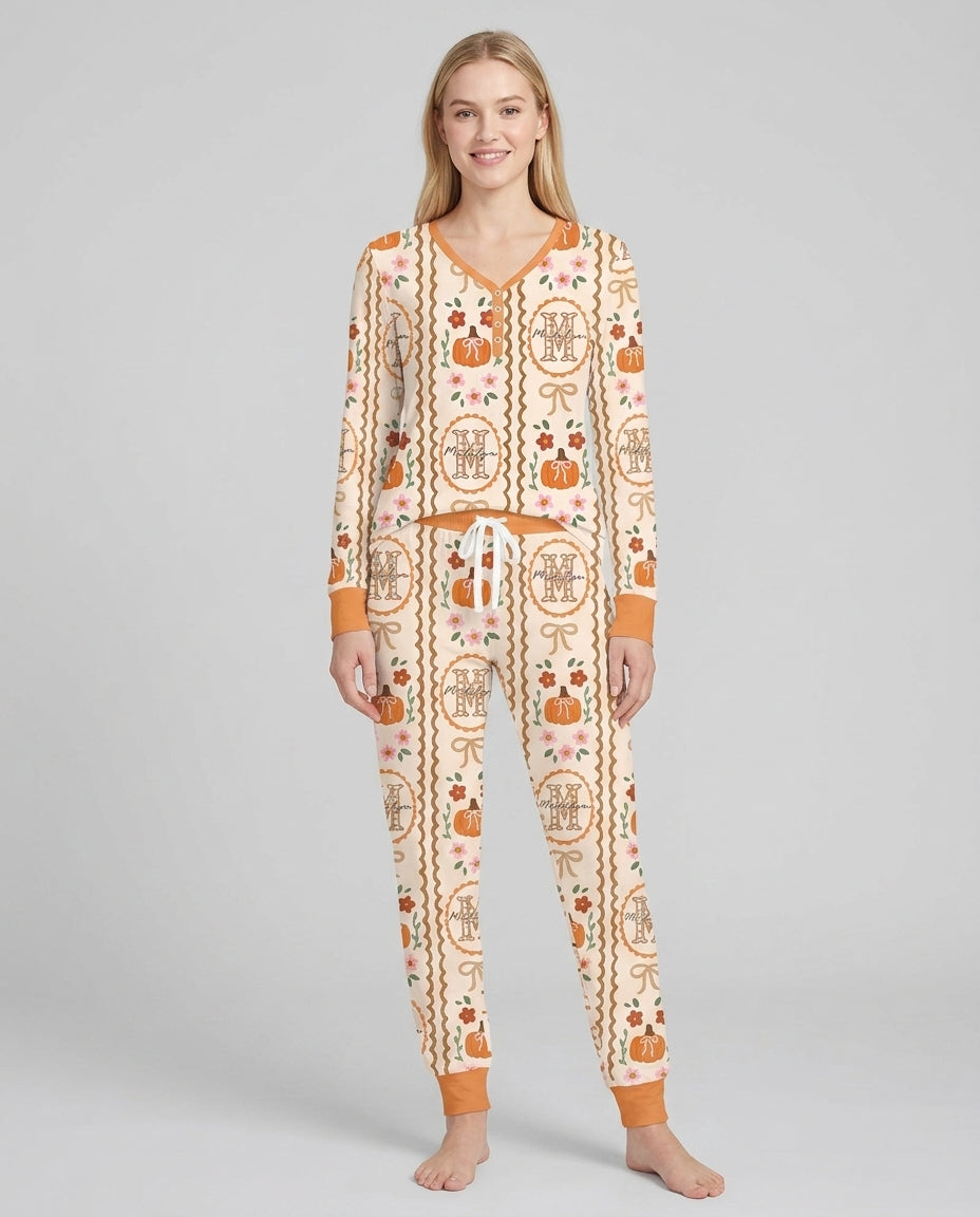 Custom Name Pumpkin Cottage Bamboo Women Pajama Set