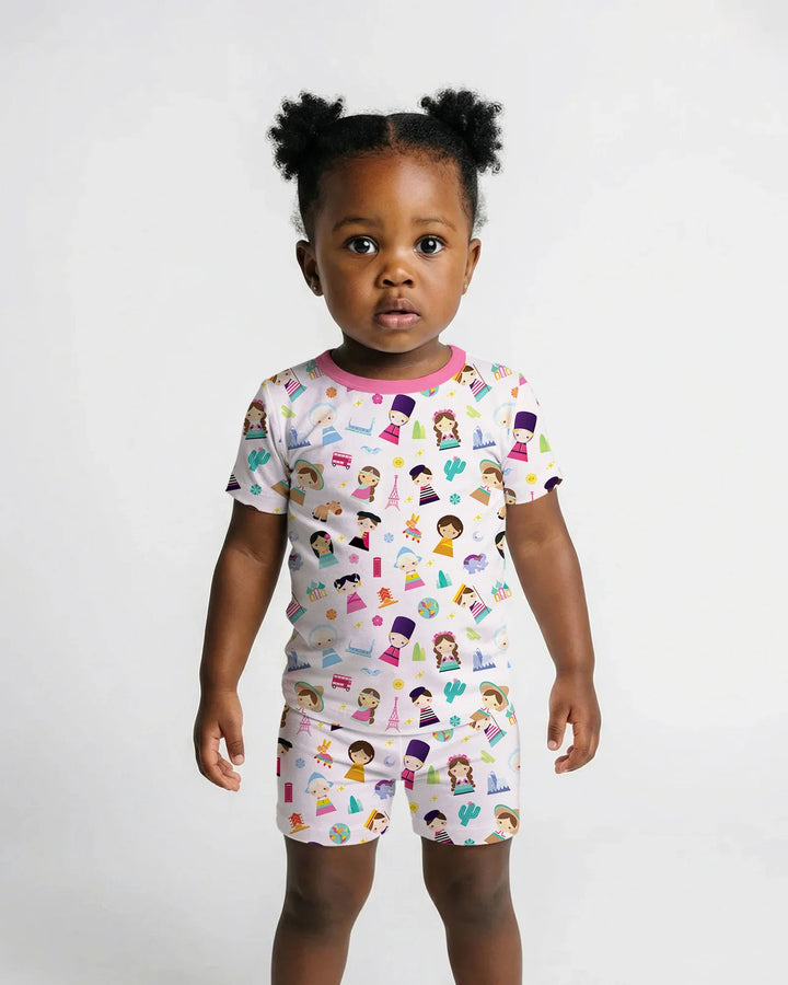 Tiny Friends Around the World Bamboo Two Piece Short Sleeve Shorts Pajama Set