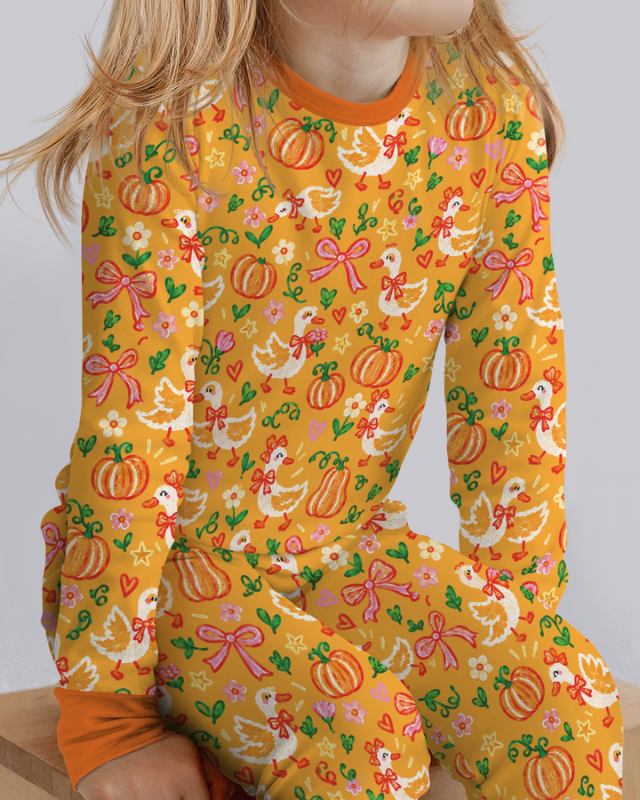 Cute Duck Pumpkin Fall Bamboo Two Piece Long Sleeve Pajama Set