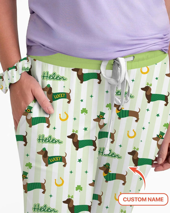 Glückliche Dackel St. Patrick's Day Familie passender Schlafanzug aus Bambus für Damen