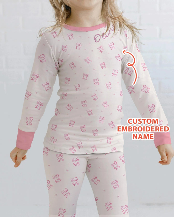 Custom Embroidered Name Big Sis Bamboo Two Piece Long Sleeve Pajama Set