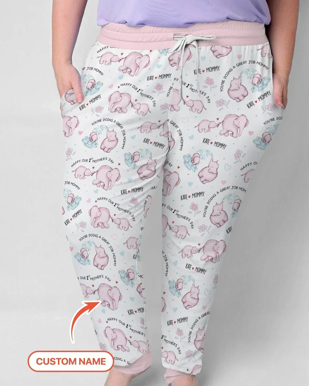 Pyjama-Set für Damen mit Namen, Mutter- und Baby-Elefant aus Bambus