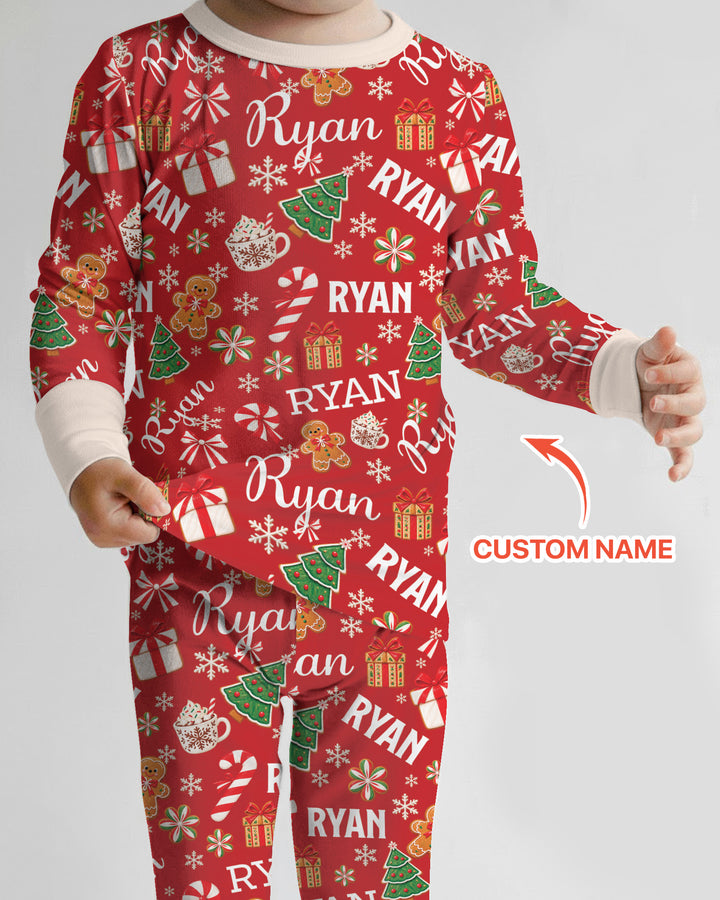 Merry Christmas Custom Name Bamboo Two Piece Long Sleeve Pajama Set