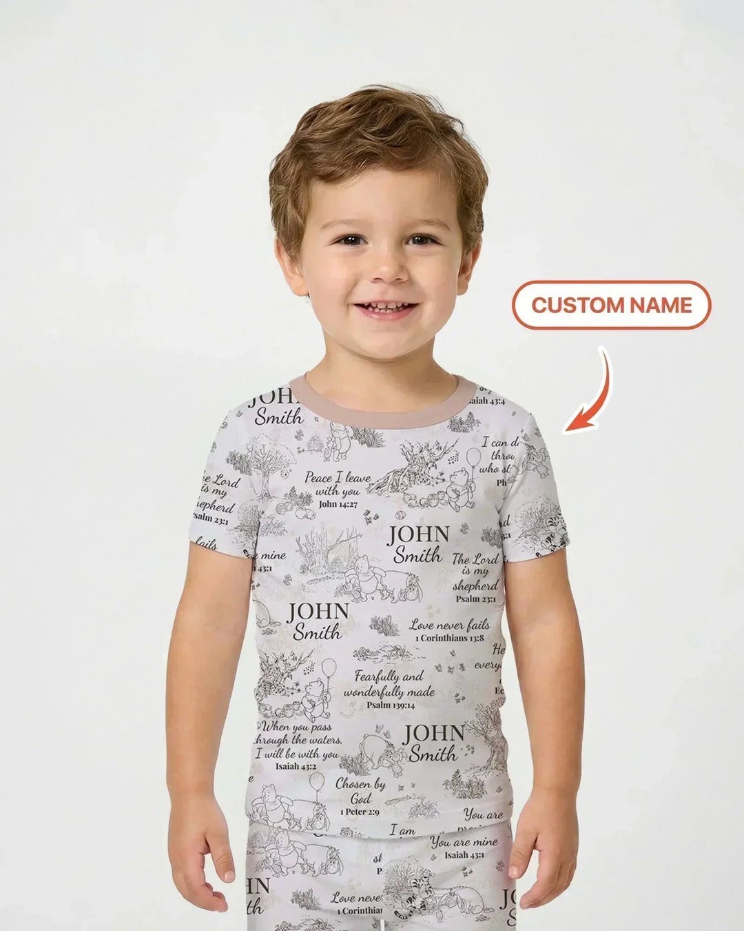 Classic Bear Bible Verse Custom Name Bamboo Two Piece Short Sleeve Pajama Set
