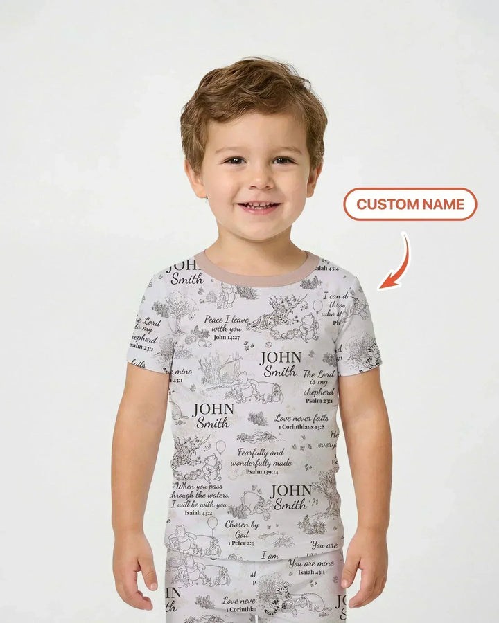 Classic Bear Bible Verse Custom Name Bamboo Two Piece Short Sleeve Pajama Set